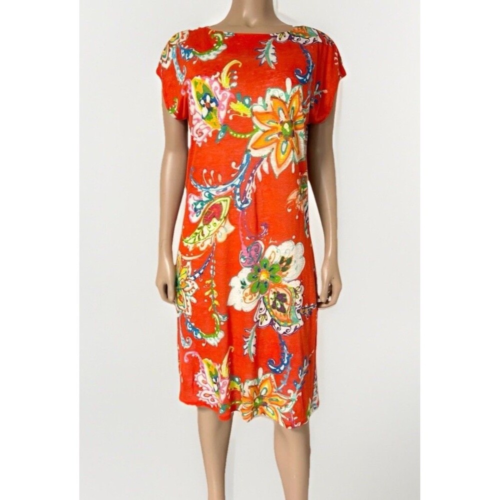 Lauren Ralph Lauren 100% Linen Dress Orange Tropical Floral Medium Vacay Cruise